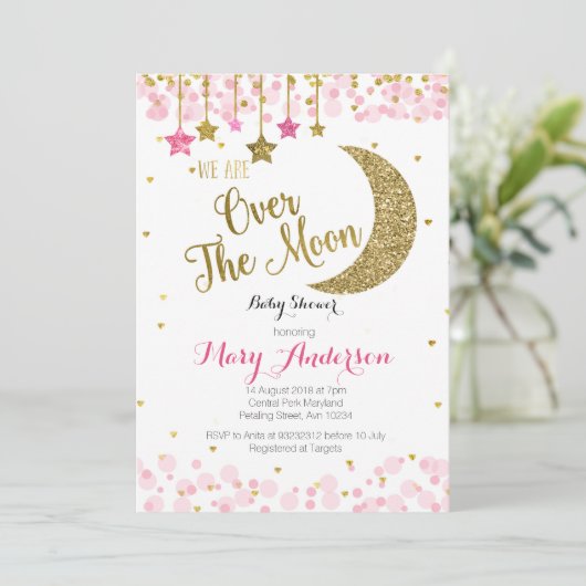 Roze gouden maan babyshower uitnodiging voor meisj (Staand voorkant)