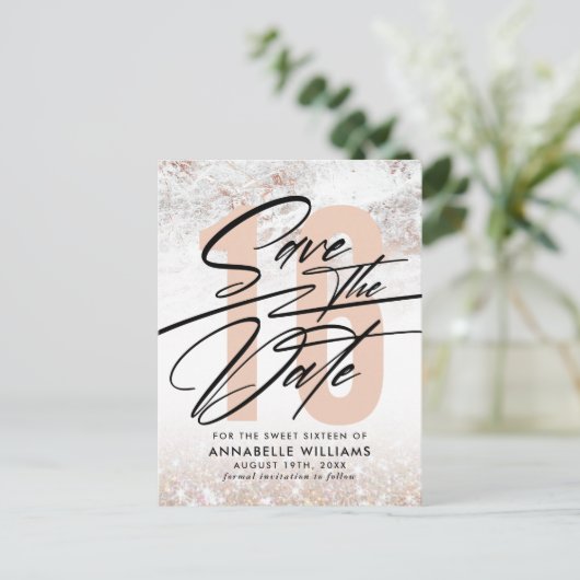 Roze Gouden Marmer 16e Verjaardagsfeest Save The D Briefkaart (Staand voorkant)