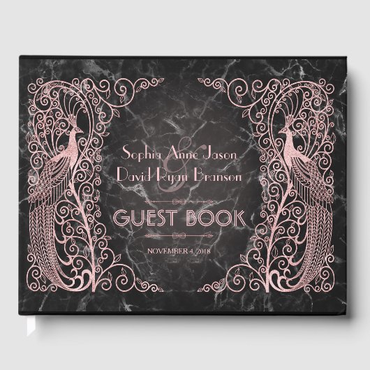 Roze Gouden Marmer Art Deco Pauw Huwelijk Gastenboek (Voorkant)