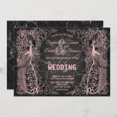 Roze Gouden Marmer Art Deco Pauw Huwelijksuitnodig Kaart (Voorkant / Achterkant)