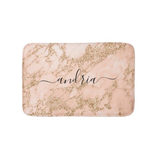Roze Gouden Marmer Glitter, Zwarte Script Naam Badmat (Voorkant)