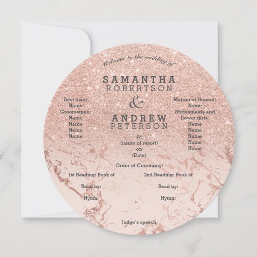 Roze gouden marmer glitters ombre huwelijksprogram kaart (Voorkant)
