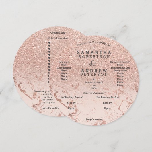 Roze gouden marmer glitterschaduw bruiloftsprogram kaart (Voorkant / Achterkant)