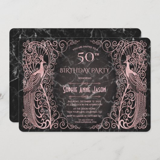 Roze Gouden Marmer Kunst Pauw 50e Verjaardagsfeest Kaart (Voorkant / Achterkant)