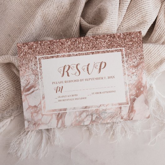 Roze Gouden Marmer Nep Glitter Script RSVP Kaartje