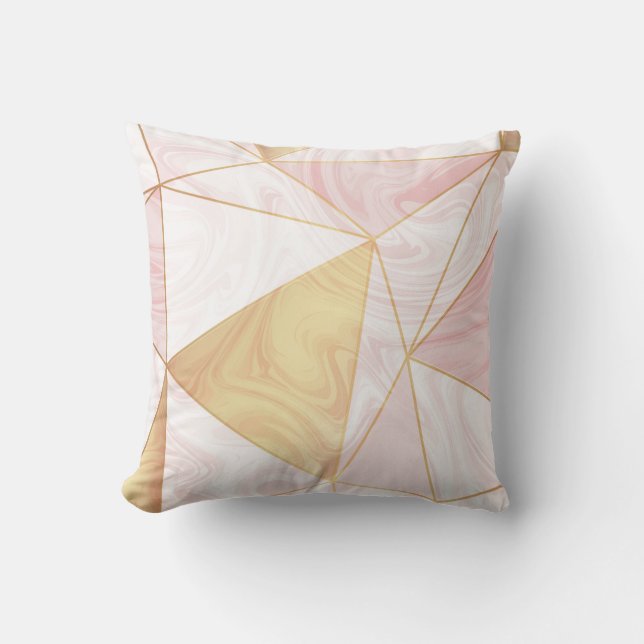 Roze & Gouden Marmer Poly Geometrische Driehoeken Kussen (Voorkant)