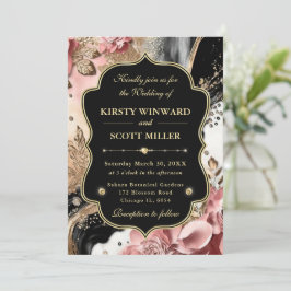 Roze Gouden Marmeren Bloemrijke Elegante Bruiloft Kaart