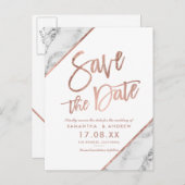 Roze gouden marmeren script witte save the date aankondigingskaart (Voorkant / Achterkant)
