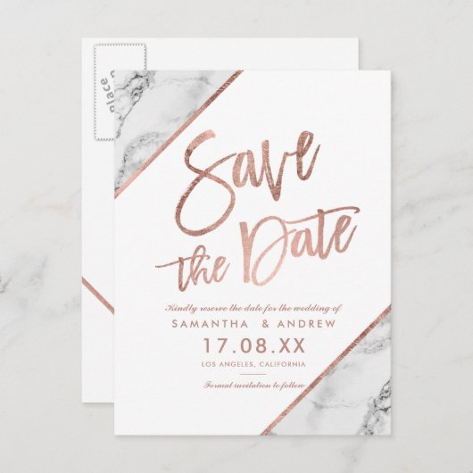 Roze gouden marmeren script witte save the date aankondigingskaart (Voorkant / Achterkant)