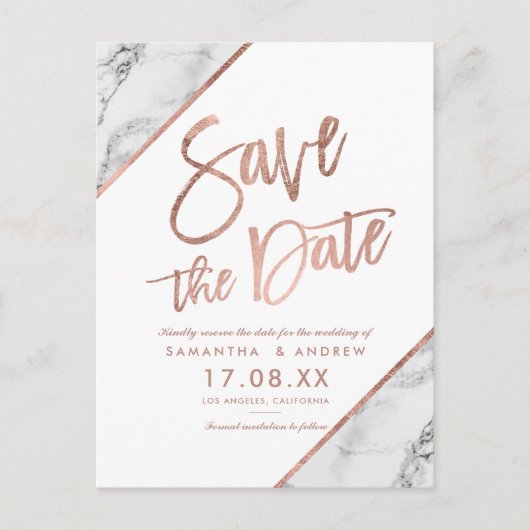 Roze gouden marmeren script witte save the date aankondigingskaart (Voorkant)