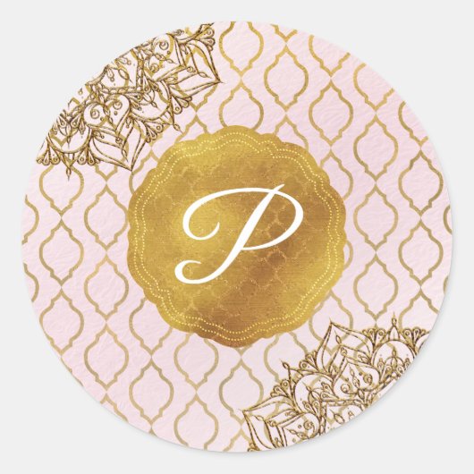 Roze & Gouden Marokkaanse Glam Monogram Bruiloftsg Ronde Sticker (Voorkant)