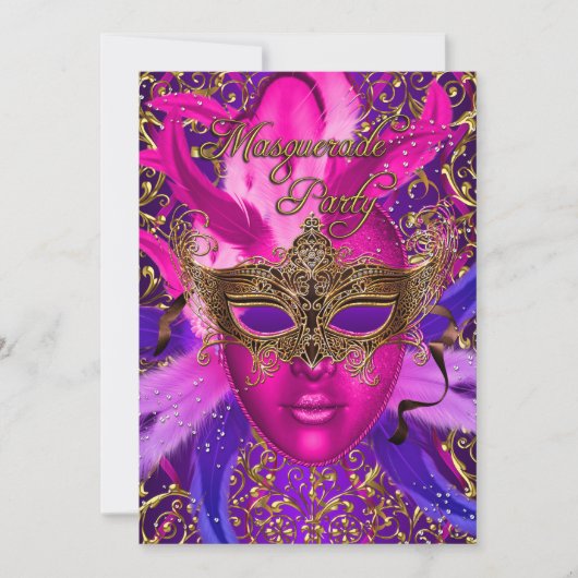 Roze & Gouden Masker Masquerade Feest Uitnodiging (Voorkant)
