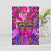 Roze & Gouden Masker Masquerade Feest Uitnodiging (Staand voorkant)