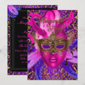 Roze & Gouden Masker Masquerade Feest Uitnodiging (Voorkant / Achterkant)