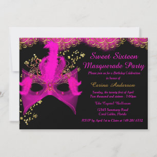 Roze Gouden Masker Masquerade Sweet 16 Verjaardag Kaart