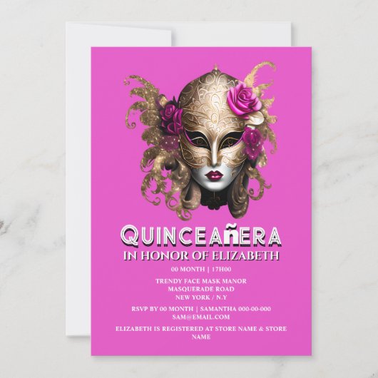 Roze gouden maskerade quinceanera verjaardag elega kaart (Voorkant)