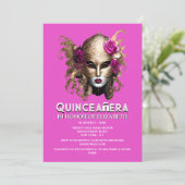 Roze gouden maskerade quinceanera verjaardag elega kaart (Staand voorkant)