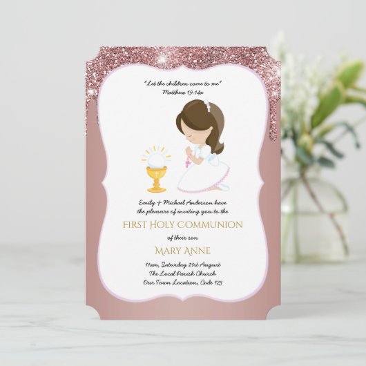 Roze Gouden Meisjes Bloemrijke Eerste Heilige Comm Kaart (Staand voorkant)