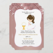 Roze Gouden Meisjes Bloemrijke Eerste Heilige Comm Kaart (Voorkant / Achterkant)