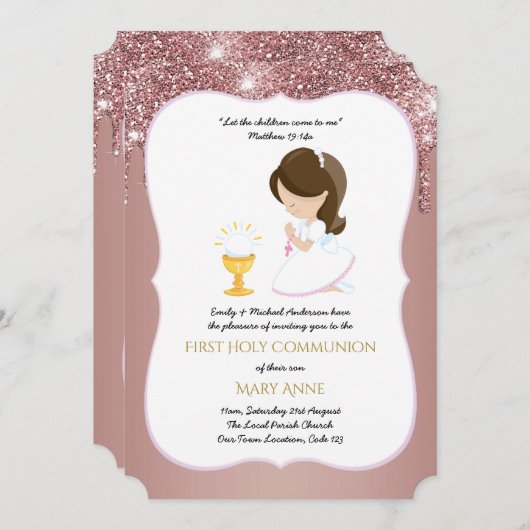 Roze Gouden Meisjes Bloemrijke Eerste Heilige Comm Kaart (Voorkant / Achterkant)