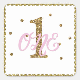 Roze & Gouden Meisjes Eén 1e Verjaardag Party Favo Vierkante Sticker
