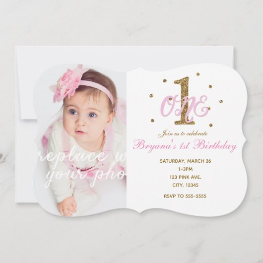 Roze & Gouden Meisjes Een 1e Verjaardag Party Foto Kaart (Voorkant)