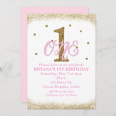 Roze & Gouden Meisjes Een 1e Verjaardagsfeest Kaart (Voorkant / Achterkant)