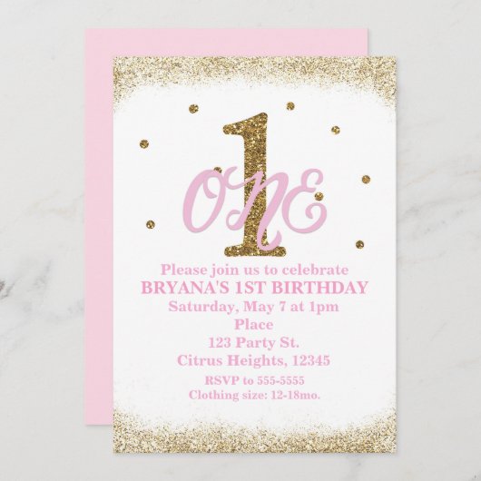 Roze & Gouden Meisjes Een 1e Verjaardagsfeest Kaart (Voorkant / Achterkant)