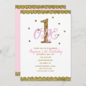 Roze & Gouden Meisjes Een 1e Verjaardagsfeest Kaart (Voorkant / Achterkant)