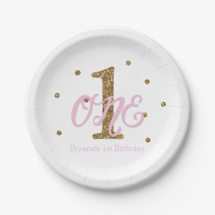 Roze & Gouden Meisjes Eén 1e Verjaardagsfeestje Papieren Bordje