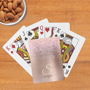 Roze Gouden Metaal, Glitter, Script Naam & Initiaa Pokerkaarten