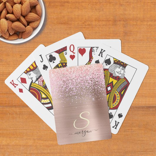 Roze Gouden Metaal, Glitter, Script Naam & Initiaa Pokerkaarten