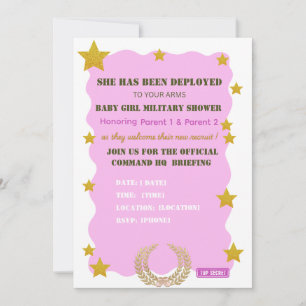 Roze Gouden Militaire Meisje Baby Shower Uitnodigi Kaart