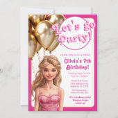 Roze Gouden Mode Doll Verjaardagsfeestje Kaart (Voorkant)