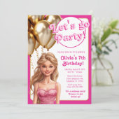 Roze Gouden Mode Doll Verjaardagsfeestje Kaart (Staand voorkant)