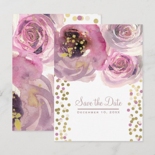 Roze & Gouden Moderne Bloemige Waterverf Save the  Aankondigingskaart (Voorkant / Achterkant)