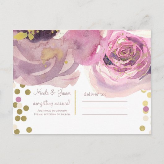 Roze & Gouden Moderne Bloemige Waterverf Save the  Aankondigingskaart (Achterkant)