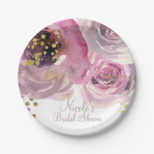 Roze & Gouden Moderne Bloemrijke Waterverf Bruidsd Papieren Bordje