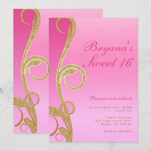 Roze & Gouden Moderne Chic Glamour Swirl Sweet 16 Kaart