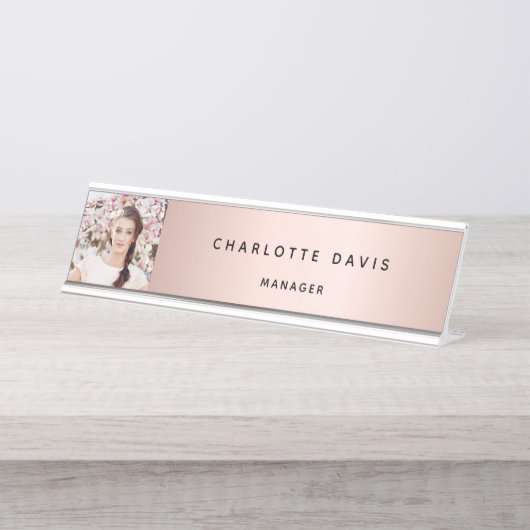 Roze gouden moderne elegante foto monogram bureau naambordje (Voorkant)