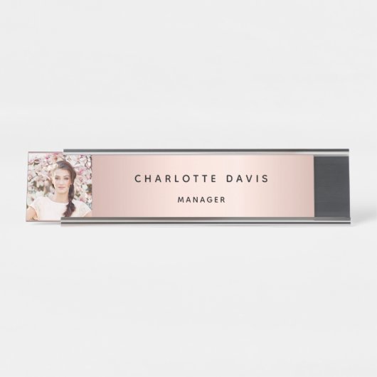 Roze gouden moderne elegante foto monogram bureau naambordje (Voorkant)