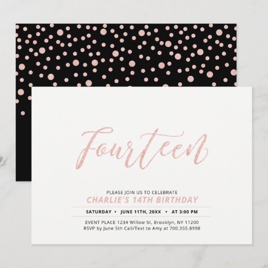 Roze Gouden Moderne Lettertype 14e Verjaardagsfees Kaart (Voorkant / Achterkant)