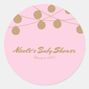 Roze & Gouden Moderne Slingerlichtjes Feest Favor Ronde Sticker