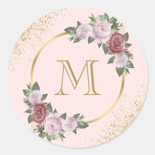 Roze gouden monogram Confetti Bloem Ronde Sticker (Voorkant)
