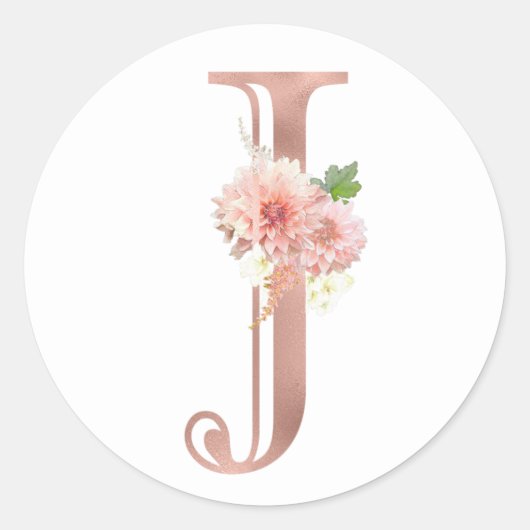 Roze Gouden Monogram Letter J Blozend Roze Bloem F Ronde Sticker (Voorkant)