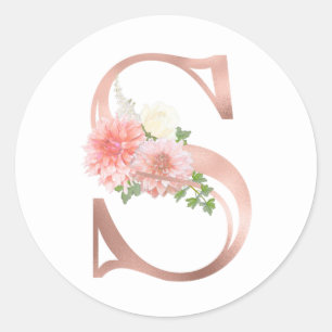 Roze Gouden Monogram Letter S Blush Roze Bloem Fol Ronde Sticker