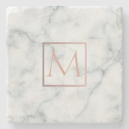 roze gouden monogram op wit marmer stenen onderzetter (Voorkant)
