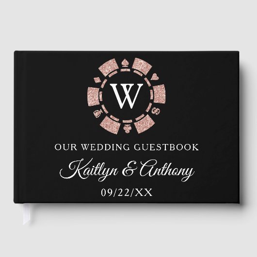 Roze Gouden Monogram Poker Chip Casino Bruiloft Gastenboek (Voorkant)