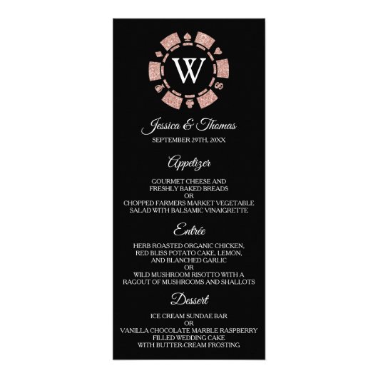 Roze Gouden Monogram Poker Chip Casino Trouwmenu Reclamekaart (Voorkant)