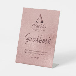 Roze Gouden Monogram Sweet Sixteen Guestbook Reclamebord Met Voetstuk